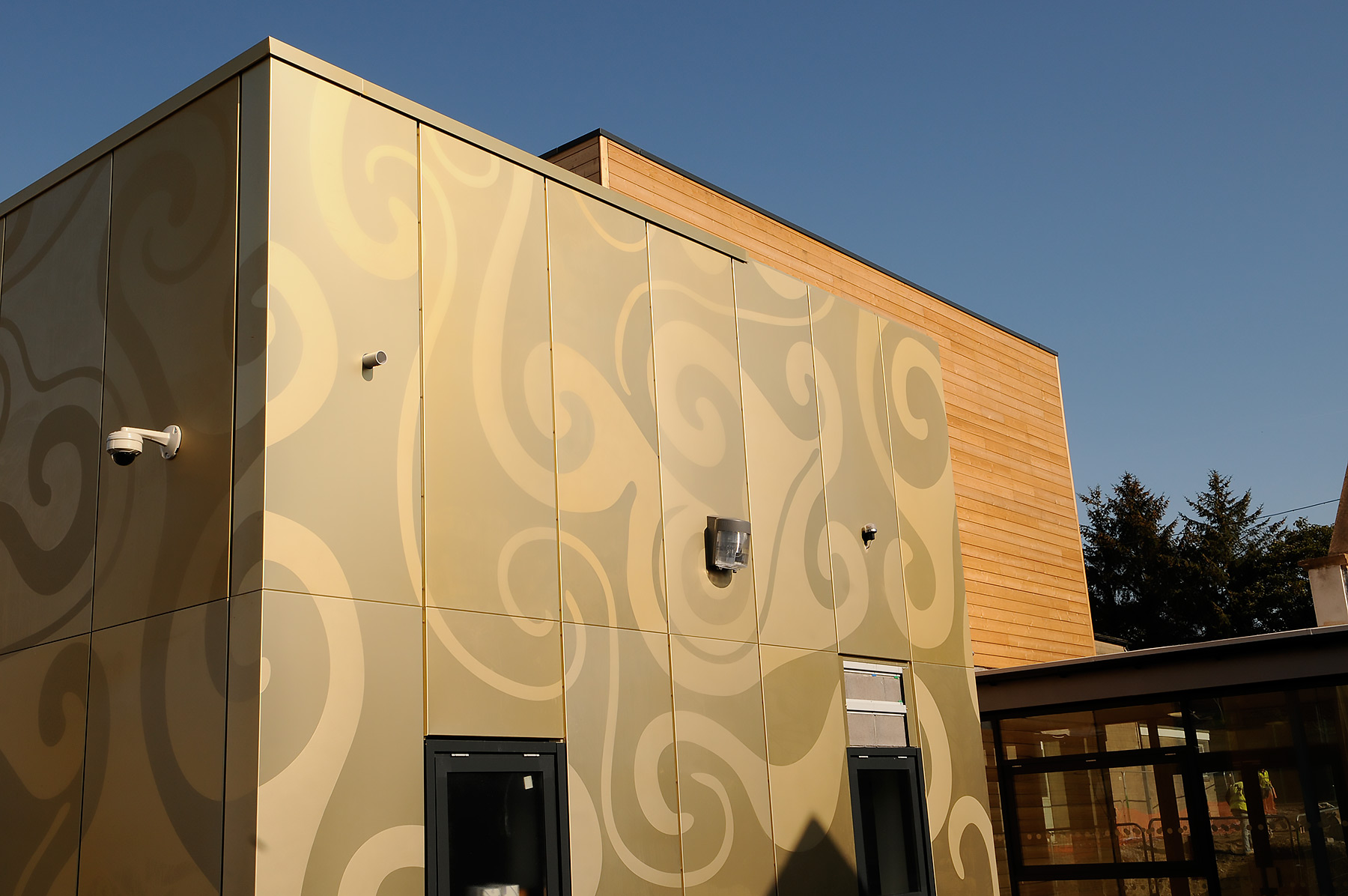 Etched anodised aluminium, school in Wales.